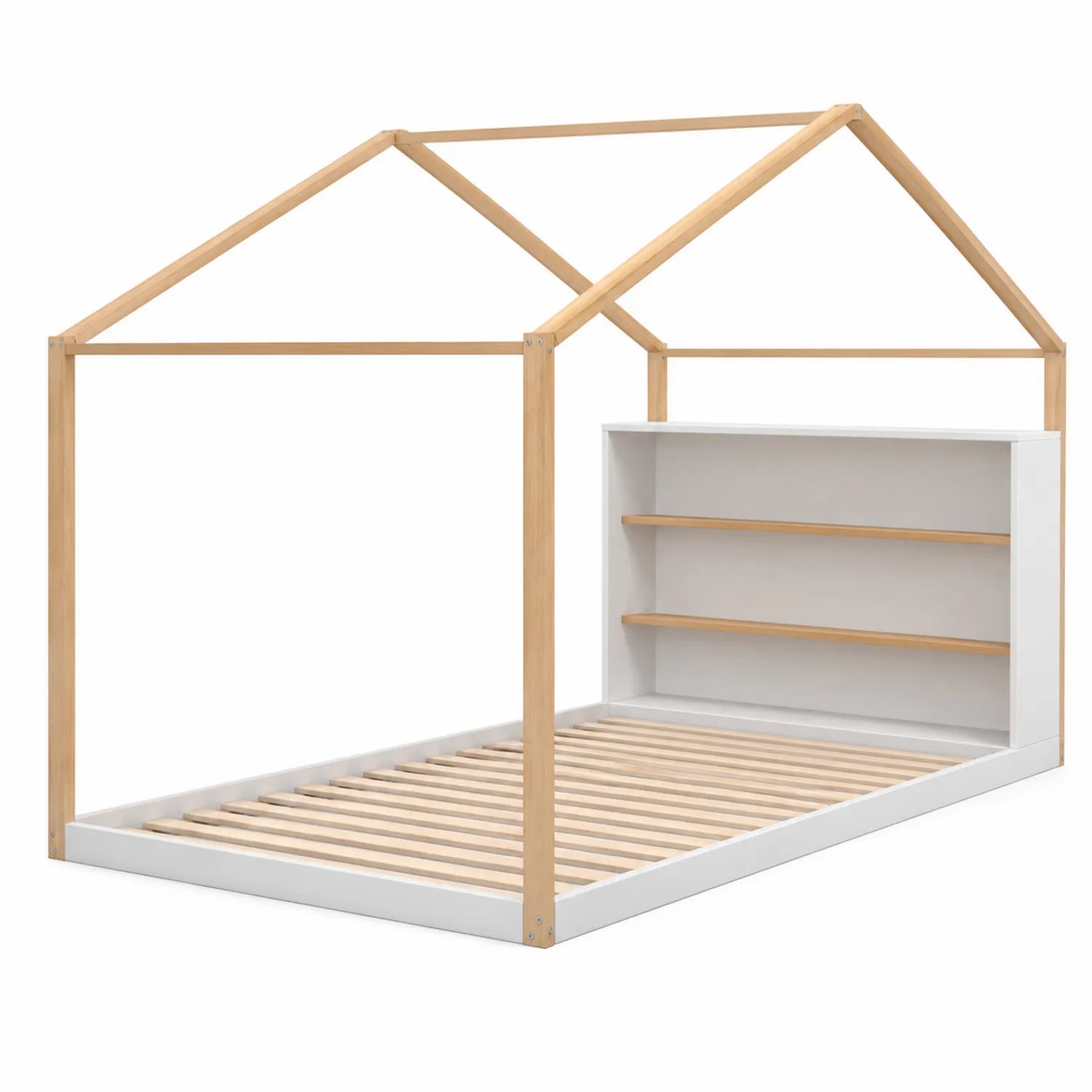 Cama infantil de madera y aglomerado blanco con estantes 200x90 cm
