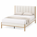 Cama matrimonial tapizada en tela crema con estructura de madera, 200x160 cm