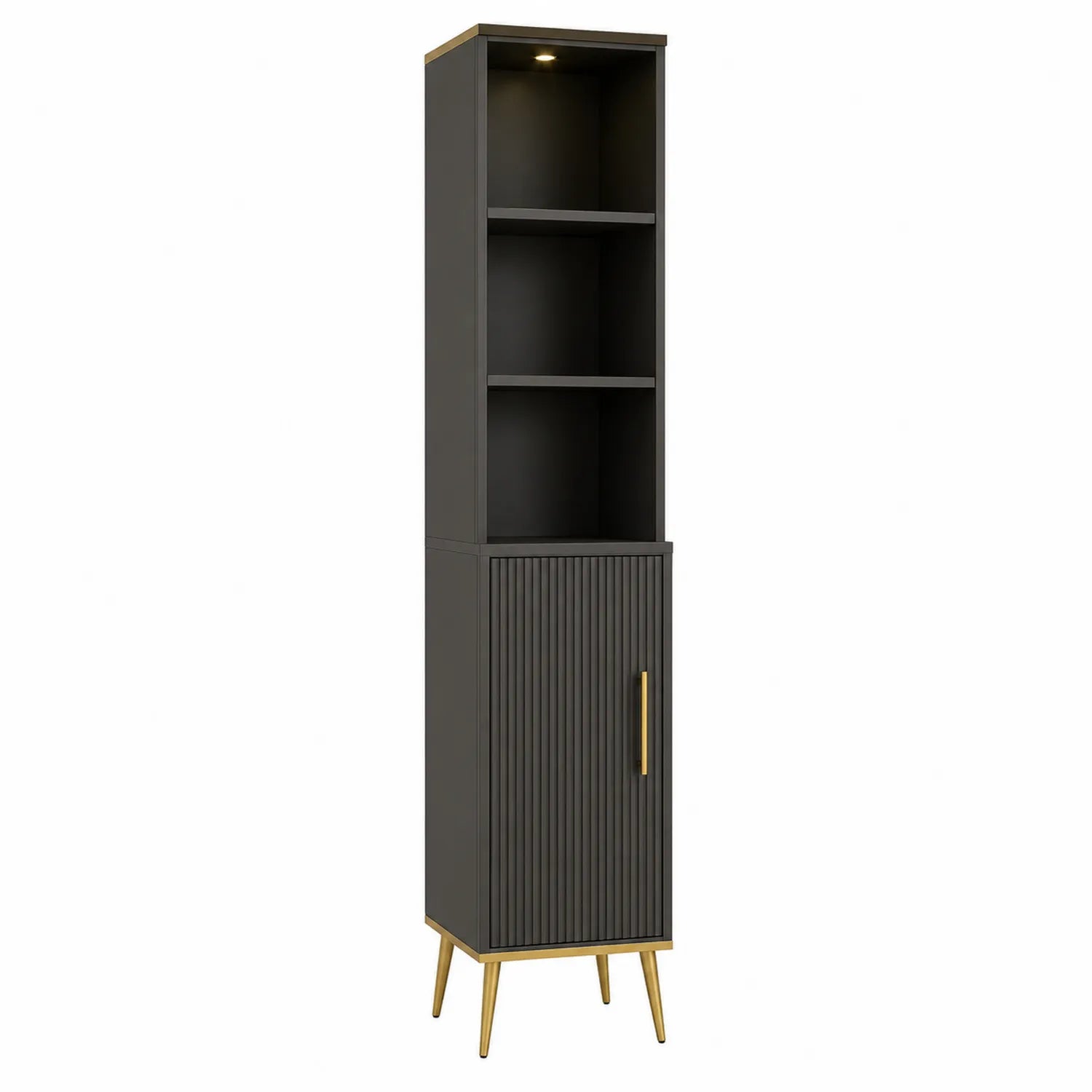 Estantería alta de MDF y metal con puerta y estantes LED negro/dorado 40x30x180 cm