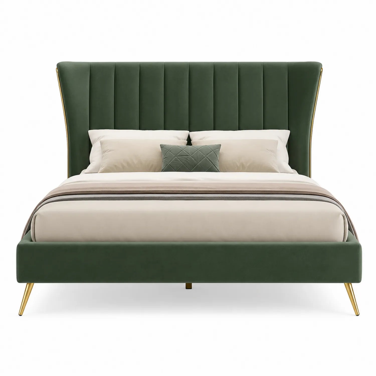 Cama de terciopelo verde con patas doradas 200x160 cm