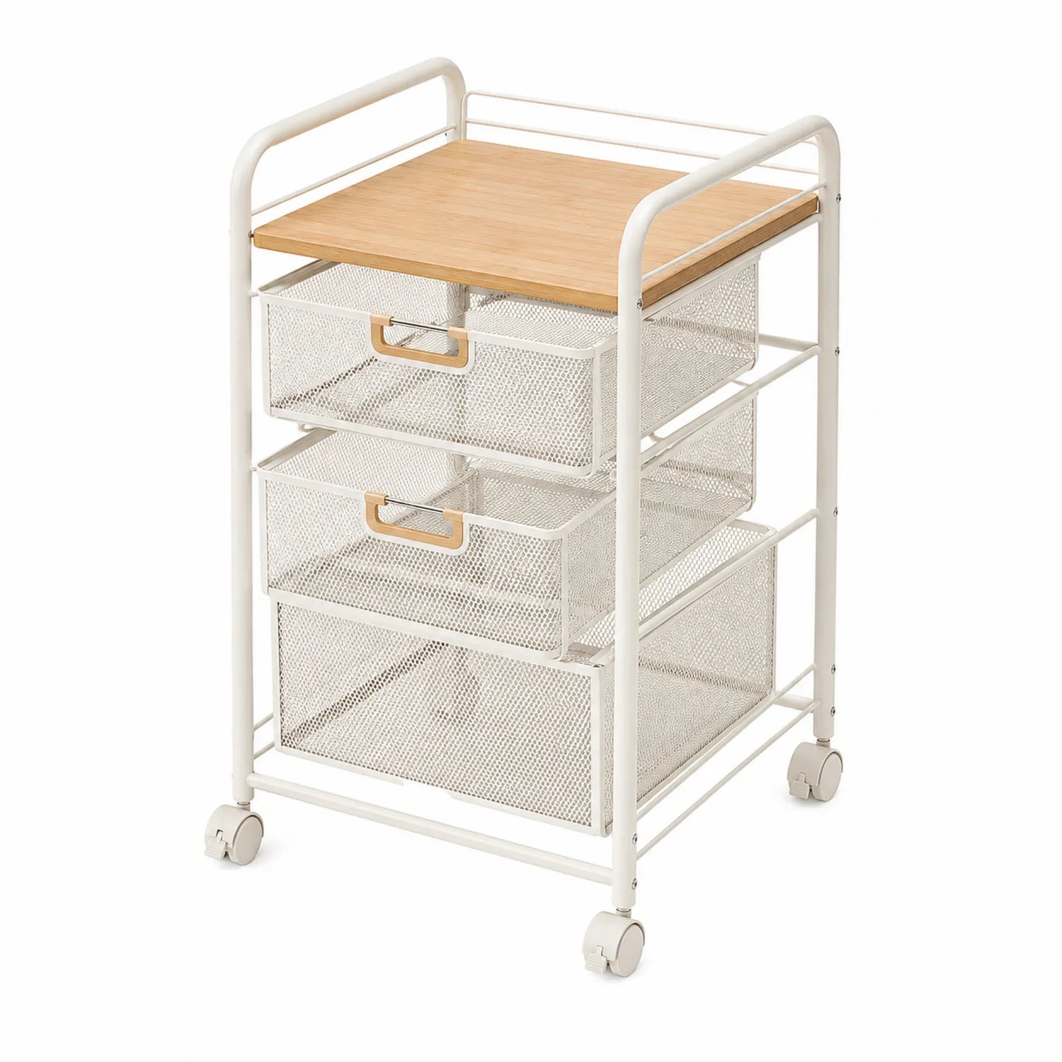 Carrito de almacenamiento de metal con cajones de malla y tapa de bambú 34x40x77 cm