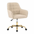 Silla de oficina giratoria de cuero sintético beige con base metálica dorada