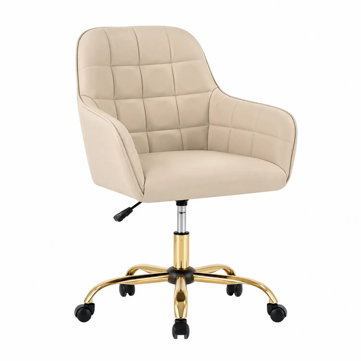 Silla de oficina giratoria de cuero sintético beige con base metálica dorada