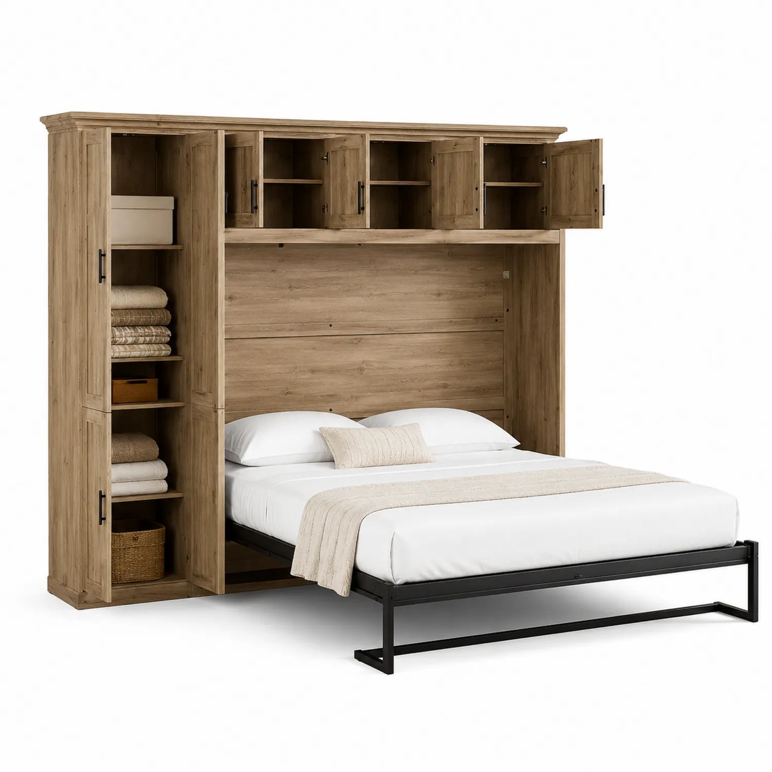Cama de pared de madera y metal con estanterías integradas 150x200 cm Marrón