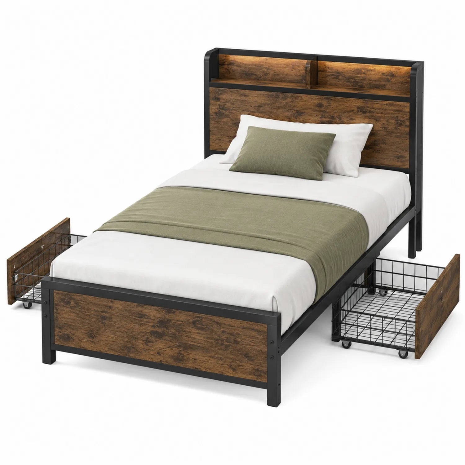 Cama de metal y madera con cajones 200x140 cm