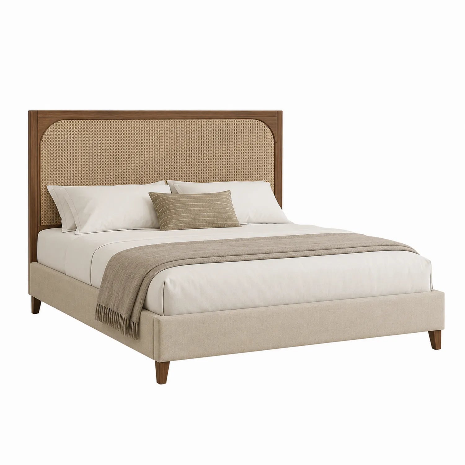 Cama tapizada con cabecero de mimbre y estructura de madera 200x180 cm Beige/Marrón