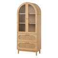 Vitrina de madera con puertas de vidrio y cajones de ratán, color Roble, 180x70x40 cm