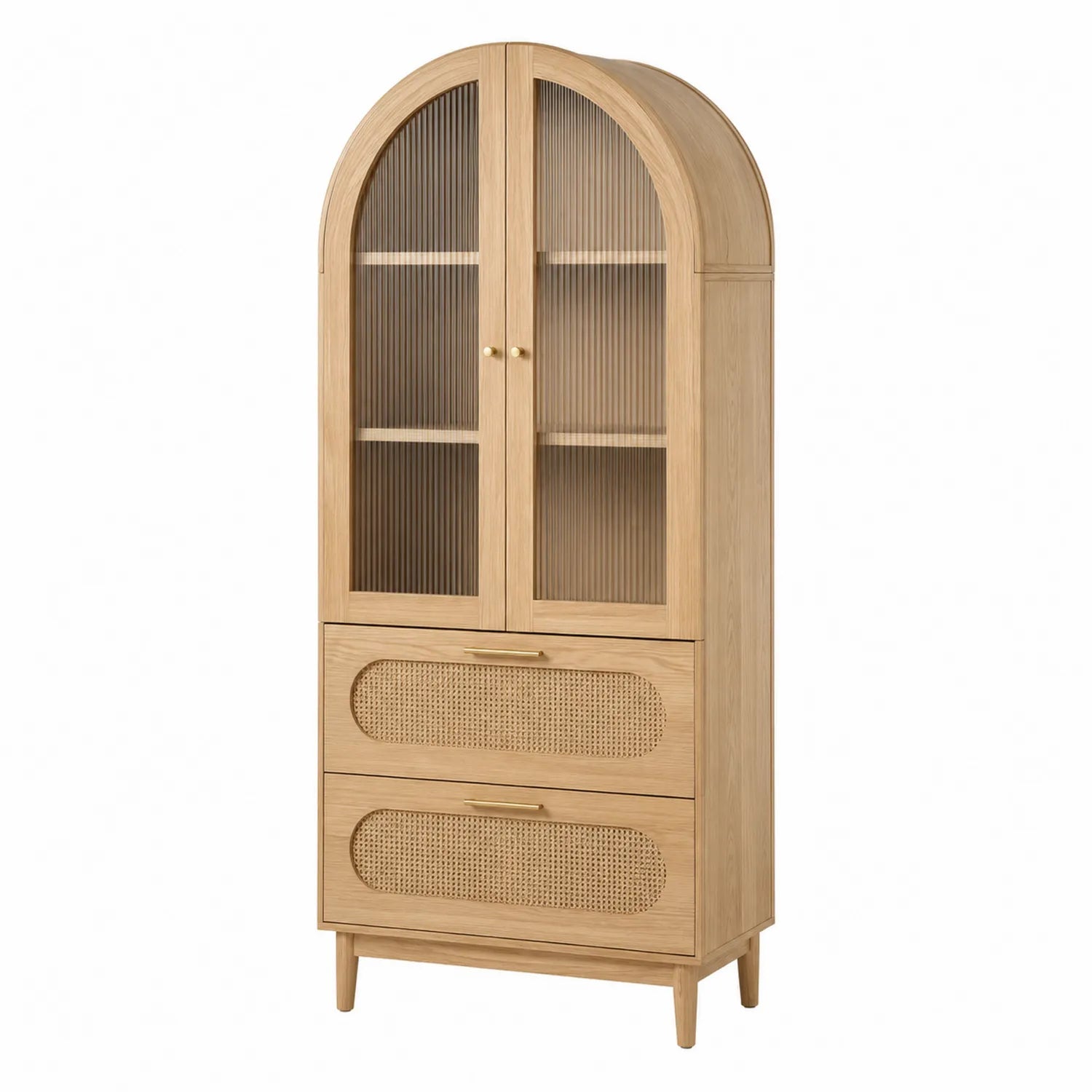 Vitrina de madera con puertas de vidrio y cajones de ratán, color Roble, 180x70x40 cm