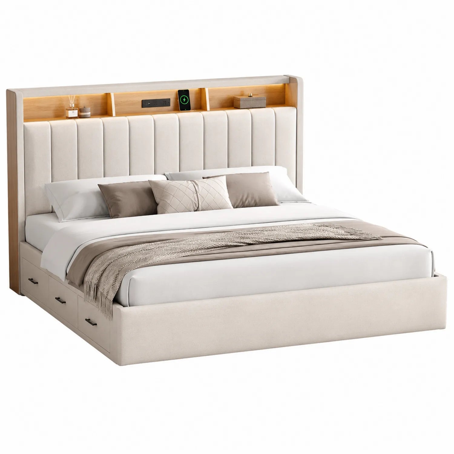 Cama tapizada con almacenamiento y cabecero de madera Beige