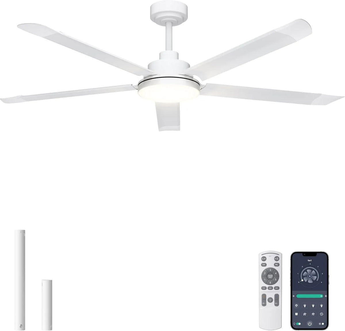 Ventilator, 152 cm, industriële plafondventilatoren met afstandsbediening/app, buitenterras, wit, 5 vleugels van aluminium, geluidsarm DC-motor