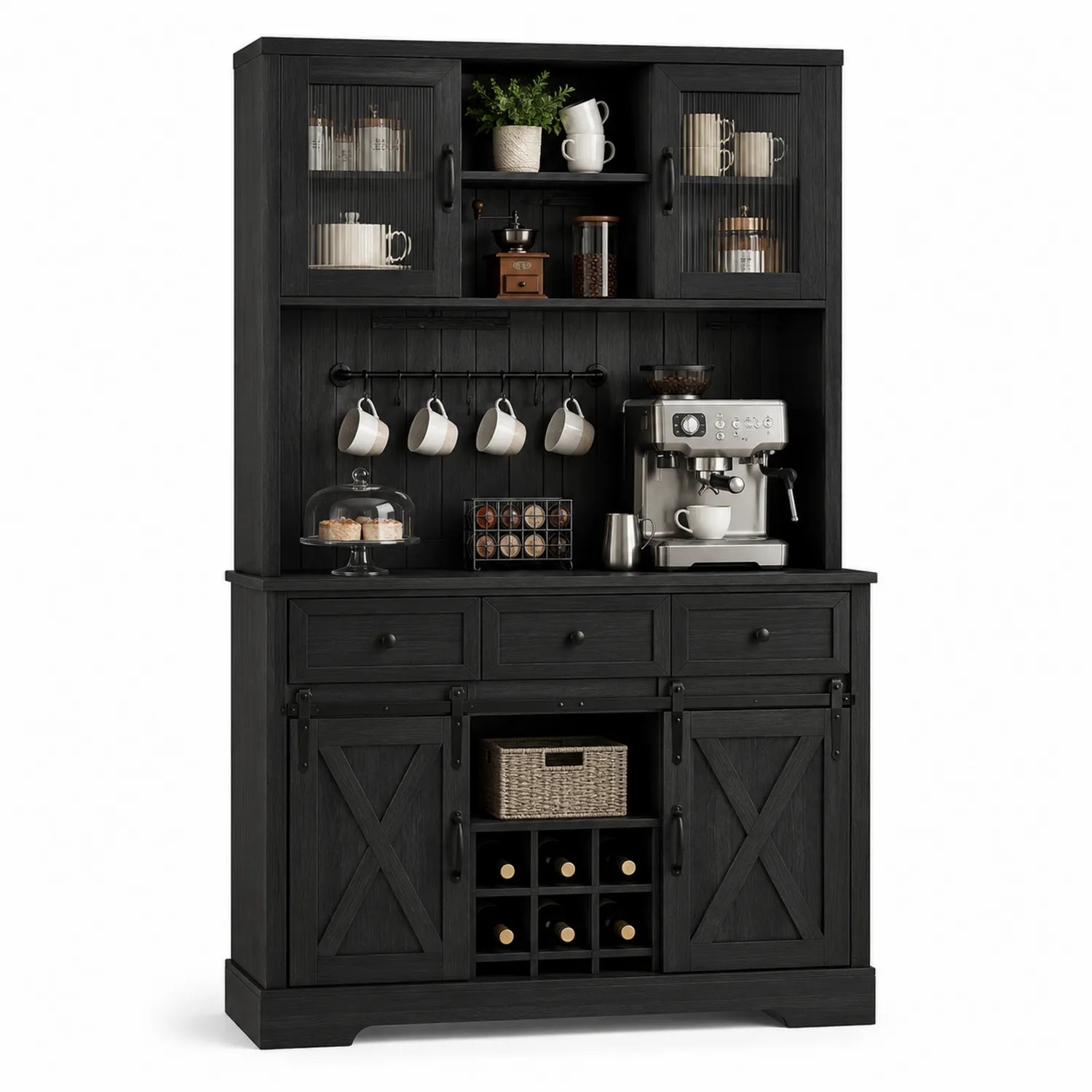 Aparador de Madera Negro con Almacenamiento y Vinoteca