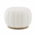 Puff redondo de tela bouclé blanca y base de madera