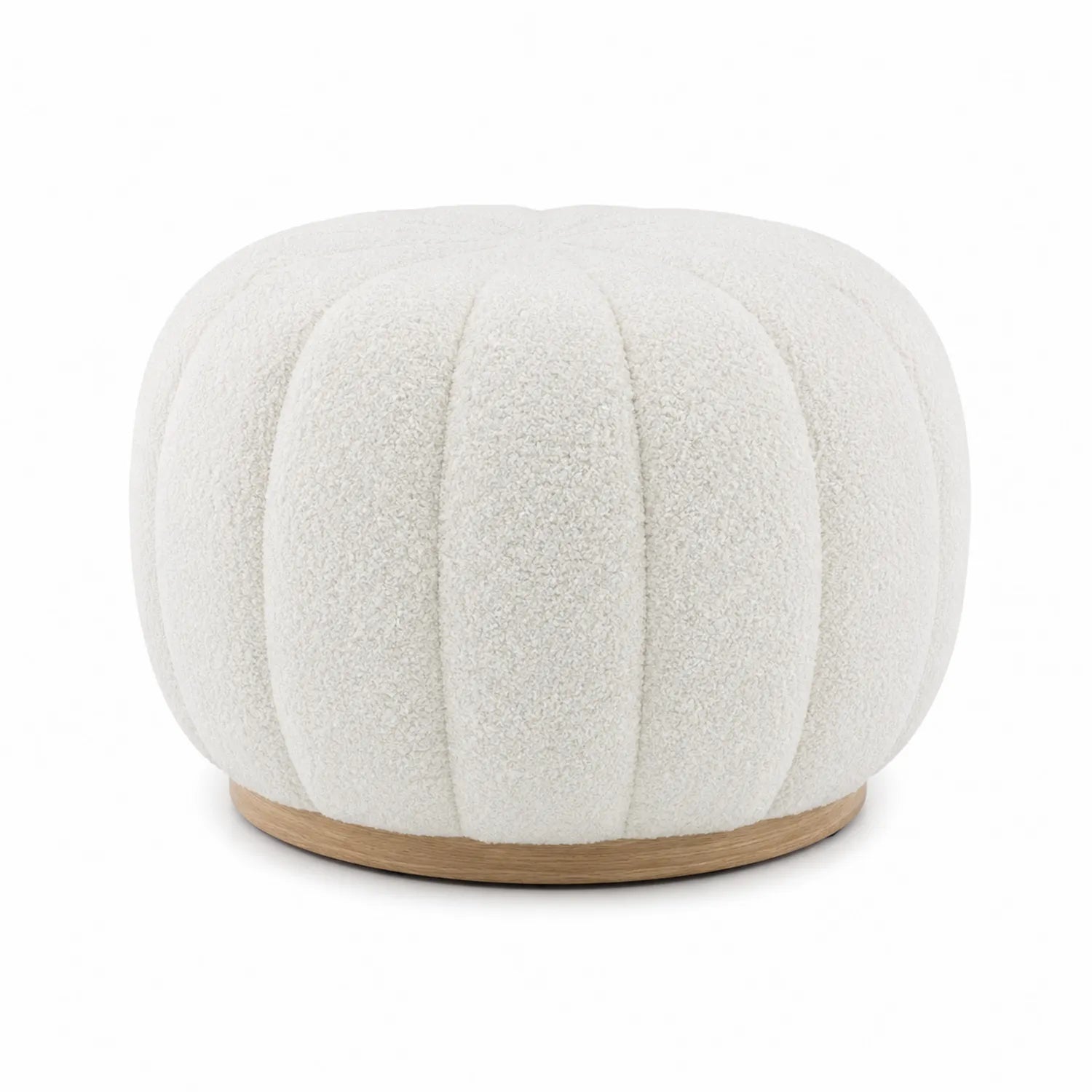 Puff redondo de tela bouclé blanca y base de madera