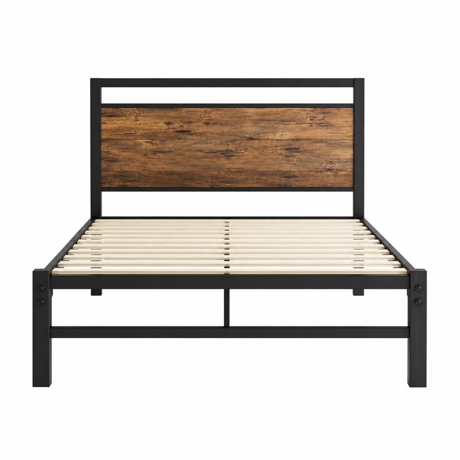 Cama doble de metal y madera con cabecero