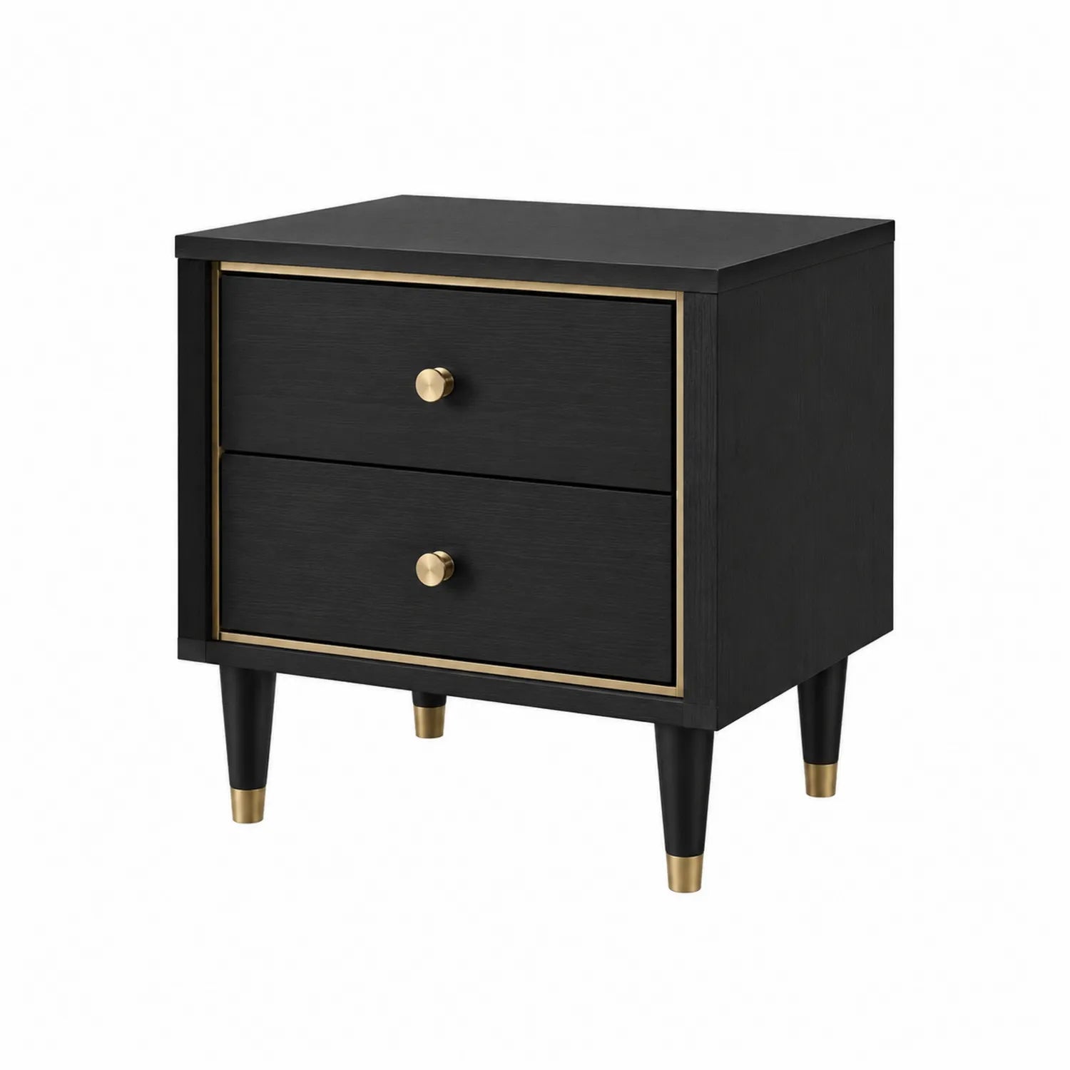 Mesita de noche de MDF negro con detalles de metal dorado y dos cajones