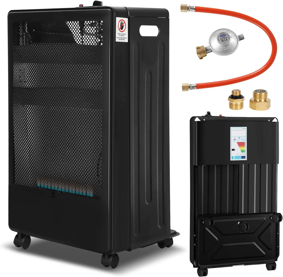 Gaskachel met verwarmingsvolume tot 80 kubieke meter, blauwe vlam, 2 warmtestanden 2200 en 3800 W, voor gasflessen van 15 kg en inclusief DE