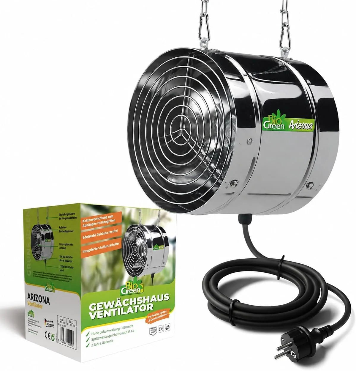 Ventilator, convectieventilator met 420 m3/h luchtcirculatie, Bio groen ARIZONA Ventilator voor broeikas en serre, 31 watt, Bio groen ARIZONA IPX4
